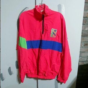 VTG 80s 90s Spot Sport European Beach neon pink windbreaker 1/4 zip pullover M/L